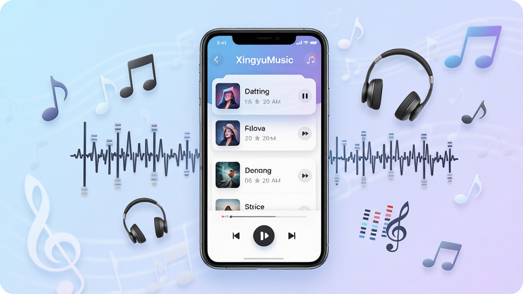 画面中央放置一部智能手机,屏幕显示“XingyuMusic”音乐播放器主界面,包含歌曲列表与播放控制按钮,手机周围环绕音符、耳机、均衡器波形等音乐元素,背景为浅蓝到淡紫的柔和渐变,整体布局简洁居中,风格清爽现代,细节上突出界面卡片与图标质感,画质清晰干净,无多余装饰元素