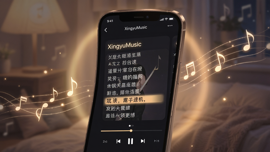 画面为“XingyuMusic”歌词播放页面,手机屏幕显示滚动歌词与专辑封面,背景为深色夜间模式,周围点缀柔和光晕与音符线条,布局上手机居中略倾斜,风格温暖静谧,细节突出歌词高亮行与播放进度条,画质清晰干净,无杂乱元素