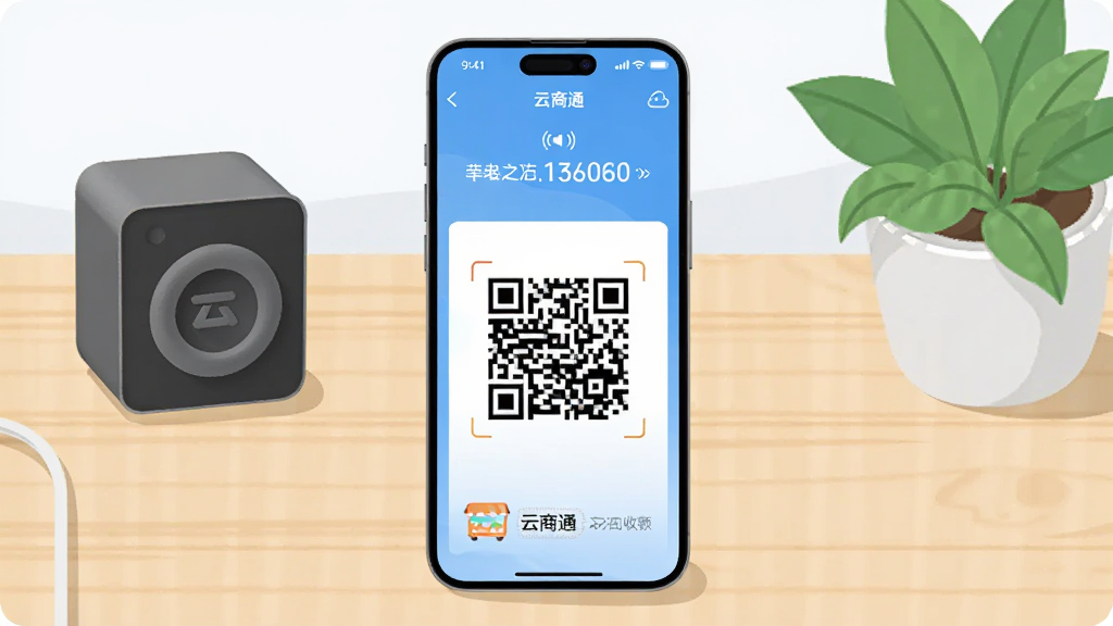 主体为一部竖屏智能手机,屏幕上显示云商通收款界面与二维码,布局为手机居中放置于浅色木质桌面,旁边搭配小型收款音箱与绿植,排版简洁居中,风格为现代商务扁平化插画,细节包括界面上的金额数字、播报图标与店铺标识,画质清晰干净,无多余元素,画面中文字为