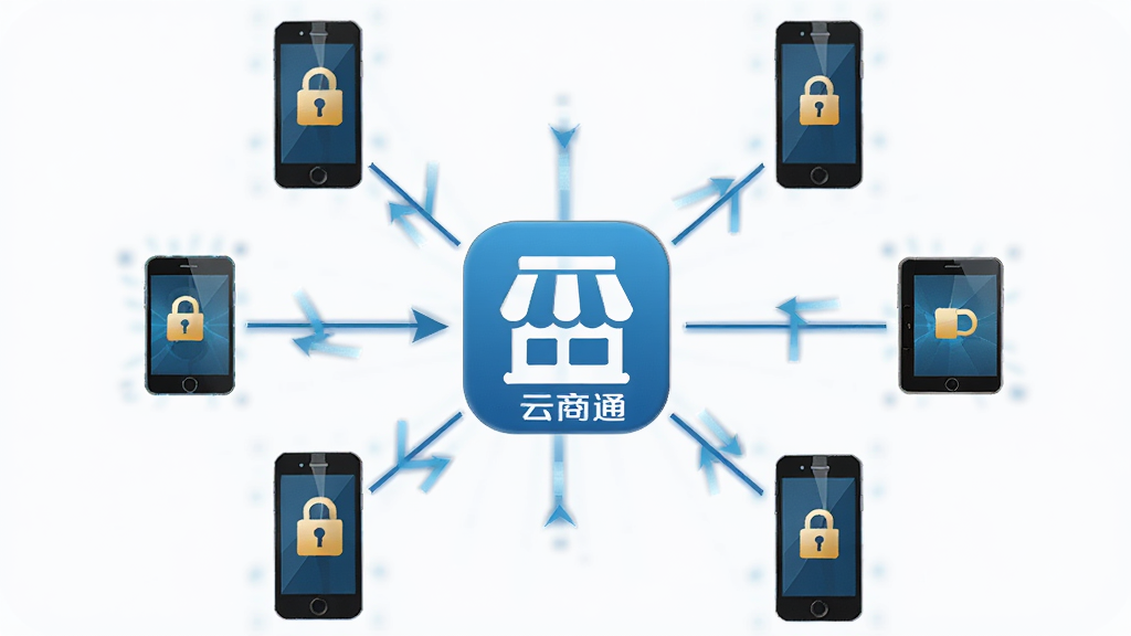 主体为多部手机与店铺图标组成的网络结构图,布局为中心店铺图标向外连接多个手机终端,排版呈放射状,风格为简约商务信息图,细节包括权限锁图标与数据流向箭头,画质干净清晰,画面中文字为