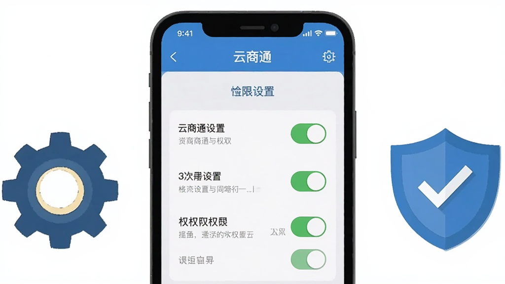 主体为手机屏幕显示云商通设置页面与权限开关,布局为手机居中、旁边搭配齿轮与盾牌图标,排版简洁,风格为扁平化教学插画,细节包括权限开关状态与提示文字,画质清晰干净,画面中文字为