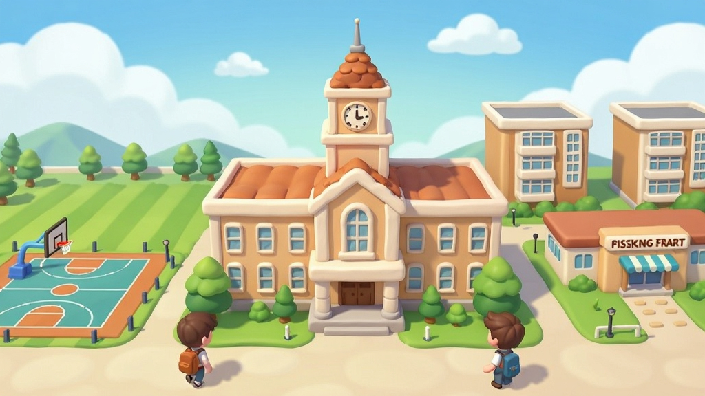 一张卡通风格的大学校园全景图,画面中央是带钟楼的教学主楼,左侧是绿色草坪和篮球场,右侧是宿舍楼与食堂,前景有背着书包的学生角色走动,天空明亮有云,整体色彩清新柔和,风格为休闲手游宣传插画,细节丰富,画质清晰,干净无杂乱元素