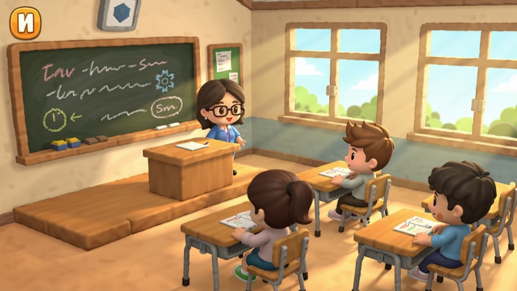 米加世界之大学课堂场景插画,画面是一间卡通风格的大学教室,黑板上有粉笔字,课桌椅整齐排列,几个学生角色坐在座位上,讲台前站着老师角色,窗外阳光照入,整体色调温暖明亮,风格为休闲手游界面截图感,细节清晰干净