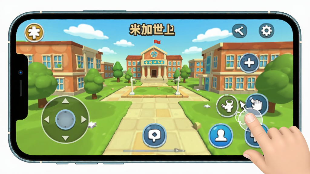 米加世界之大学手机端操作界面示意图,画面展示一部智能手机横屏显示卡通校园游戏画面,屏幕内有虚拟摇杆和互动按钮,旁边有手指点击图标示意,整体风格为科技感与卡通结合的产品展示图,布局简洁清晰,画质干净明亮