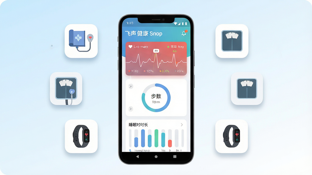 一款名为“飞声健康”的手机应用主界面展示图,画面中央是一部竖屏安卓手机,屏幕内呈现清爽的健康数据仪表盘,包含心率曲线卡片、步数圆环和睡眠时长条形图,手机周围悬浮着血压计、体重秤、运动手环等简约图标,背景为浅蓝到白色的柔和渐变,整体布局居中对称,风格为现代扁平化UI插画,细节上图标带有轻微投影和圆角,画质清晰锐利,干净整洁,无多余杂乱元素