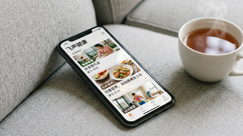 手机屏幕展示“飞声健康”的科普文章列表页,页面上排列着带缩略图的文章卡片,标题区域可见“慢病管理”“饮食营养”“运动康复”等分类标签,手机斜放在浅灰色布艺沙发上,旁边有一杯冒着热气的茶,画面风格为温馨居家生活摄影,构图轻松自然,细节上屏幕反光柔和,画质清晰,整体干净无多余装饰
