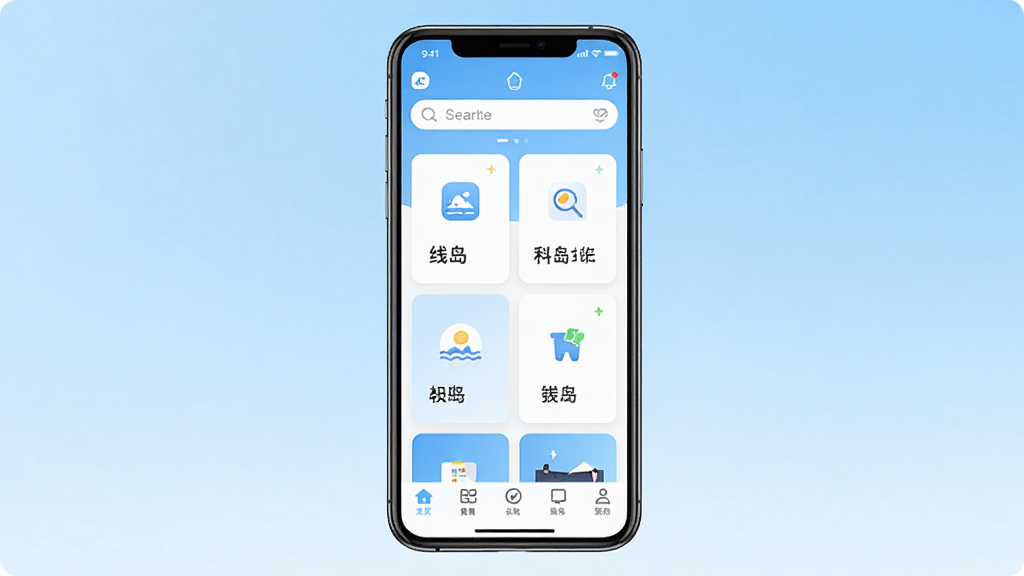 一张以“线岛”应用为主题的手机界面展示图,画面中央是一部竖屏智能手机,屏幕上显示线岛软件的首页布局,包含顶部搜索栏、中部功能卡片和底部导航栏,背景为浅蓝渐变,风格清新简约,细节干净,画质清晰,无多余元素