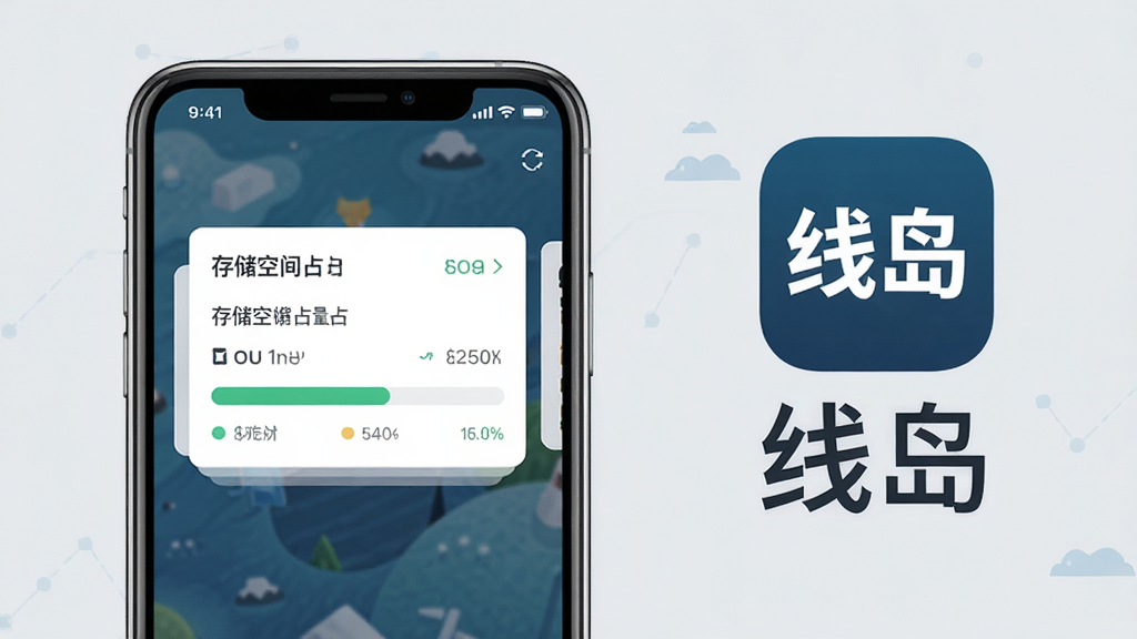 一张展示“线岛”应用轻量特性的示意图,画面左侧是一部手机显示存储空间占用较小的信息卡片,右侧是应用图标与“线岛”文字标识,背景为浅灰色,风格简洁商务,细节清晰,画质干净