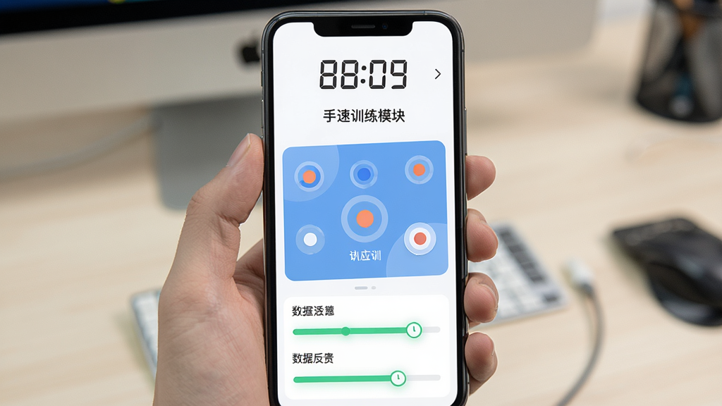 一张展示抢票训练营手速训练模块的图片,画面中手机屏幕显示多个快速出现的点击目标与反应计时器,界面布局为上方计时、中部训练区域、下方数据反馈,风格简洁明快,细节包含目标图形与进度条,画质清晰干净,无多余元素