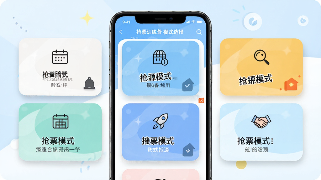 一张展示抢票训练营模式选择界面的图片,画面中手机屏幕显示多个模式卡片排列,卡片上有图标与文字说明,界面布局为网格状排列,风格活泼明快,细节包含卡片阴影与选中状态,画质清晰干净,无多余元素