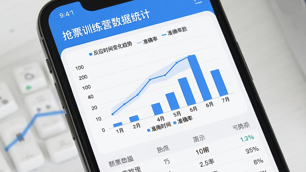 一张展示抢票训练营数据统计页面的图片,画面中手机屏幕显示折线图与柱状图,图表展示反应时间变化趋势与准确率数据,界面布局为上方标题、中部图表、下方数据列表,风格清爽简约,细节包含坐标轴与图例,画质清晰干净,无多余元素