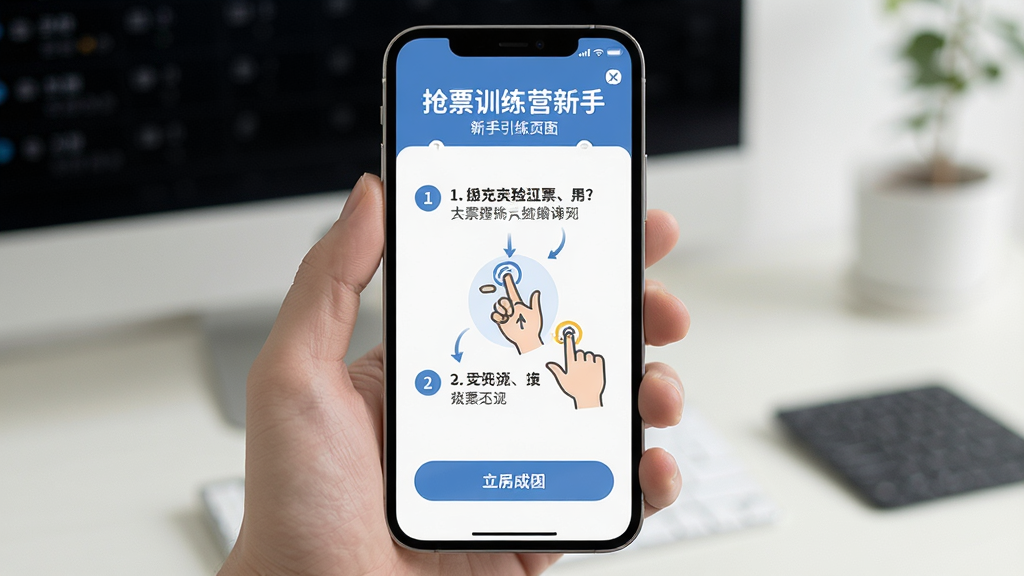 一张展示抢票训练营新手引导页面的图片,画面中手机屏幕显示分步操作提示与手势示意图,界面布局为上方标题、中部图示、下方按钮,风格友好清晰,细节包含步骤序号与箭头指示,画质清晰干净,无多余元素