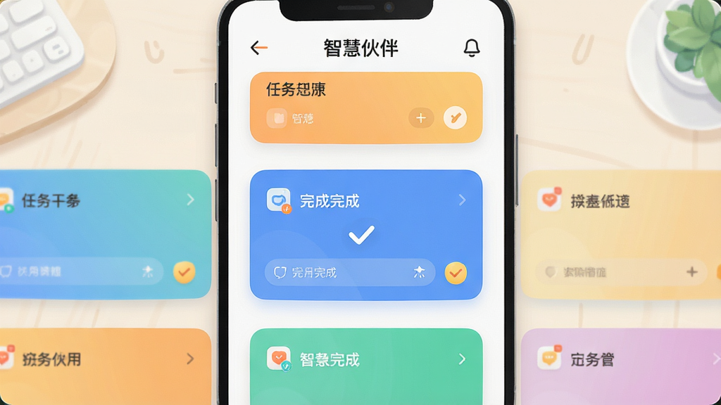 画面主体为“智慧伙伴”应用内的学习任务清单界面,多个彩色任务卡片整齐排列,其中一张卡片被勾选完成,背景为浅色桌面,布局采用居中对称构图,风格为清爽的UI界面展示插画,细节包括卡片圆角与柔和阴影,画质清晰,画面干净,无多余元素