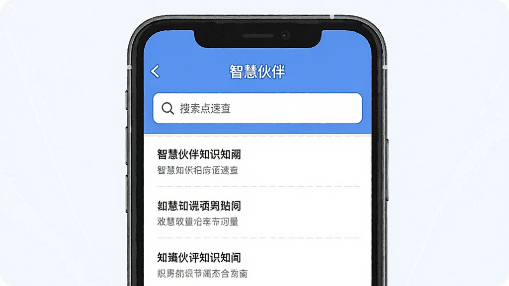 画面主体为“智慧伙伴”应用的知识点速查界面,搜索框下方列出多条知识条目,手机界面清晰,布局采用正面平视构图,风格为简洁实用的工具类插画,细节包括搜索图标与条目分隔线,画质清晰,画面干净,无多余元素