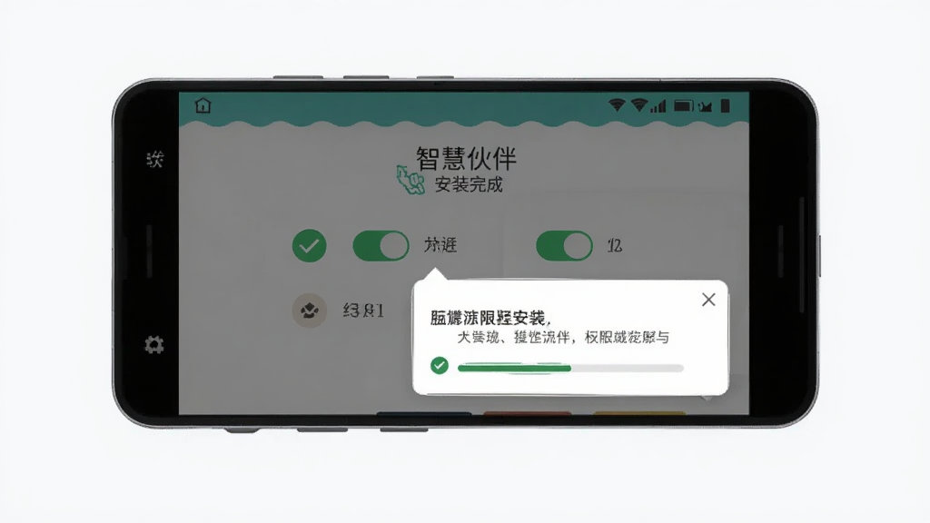 画面主体为一部安卓手机屏幕显示“智慧伙伴”安装完成界面,旁边有勾选图标与权限提示弹窗,手机置于浅色背景中央,布局采用正面展示构图,风格为简洁的教程示意插画,细节包括权限开关图标与安装进度条,画质高清,画面干净,无多余元素