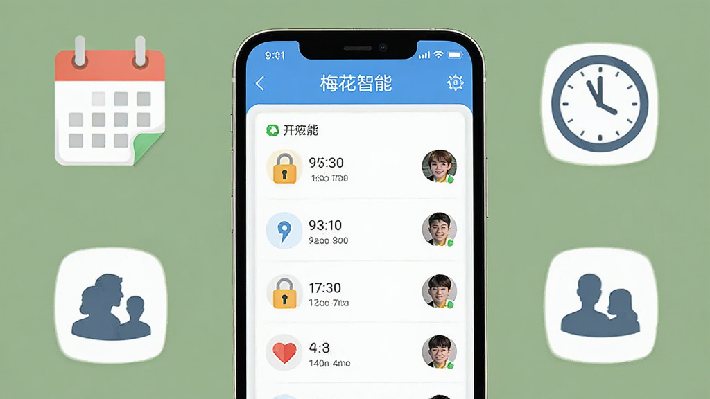 手机屏幕展示“梅花智能”开锁记录列表,列表中包含时间、开锁方式图标和用户头像缩略图,手机旁边漂浮着日历、时钟和家庭成员剪影图标,布局为手机居中、图标环绕四周,风格为清新扁平化信息图,细节清晰展示记录条目,画质锐利,背景干净,无杂乱元素