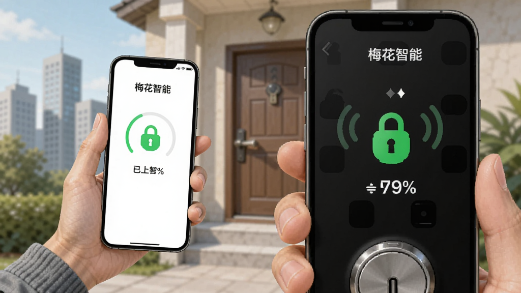 一位用户站在户外手持手机,手机屏幕显示“梅花智能”门锁状态页面,页面中有绿色的已上锁标识和电量百分比,背景为城市楼宇与家门轮廓,布局为人物在左、手机界面放大在右,风格为写实生活场景插画,细节包含门锁图标与信号波纹,画质高清,画面干净,无多余装饰