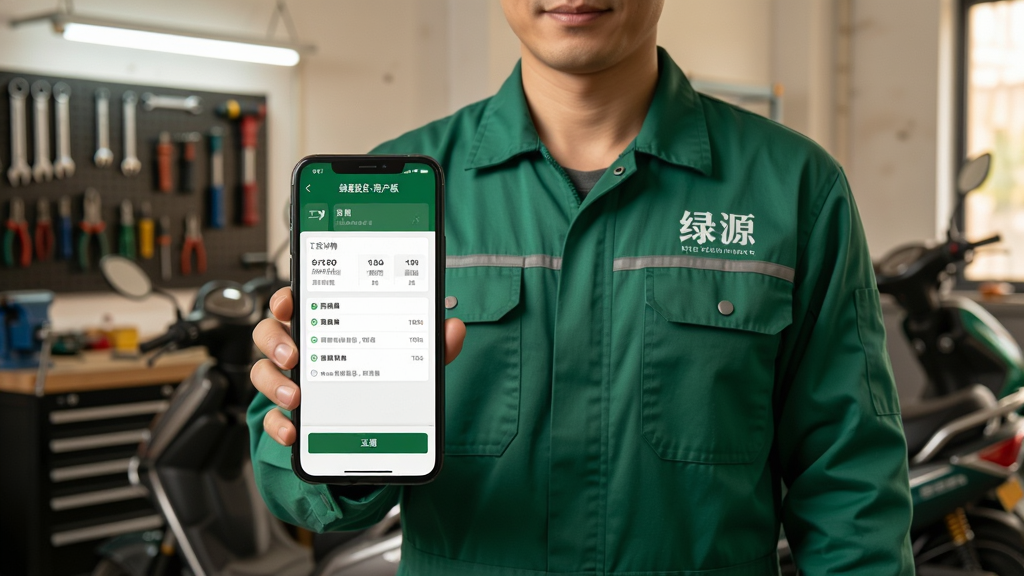 画面主体为一名身穿绿源工作服的维修师傅手持手机,屏幕显示绿源服务-商户版工单详情页,背景为电动车维修车间;布局为人物半身居中,手机屏幕位于视觉中心;排版上工单卡片与按钮排列整齐;风格为真实场景摄影风,色调温暖;细节包括工作服褶皱自然、车间工具摆放有序、屏幕内容清晰;画质高清,干净,无多余元素