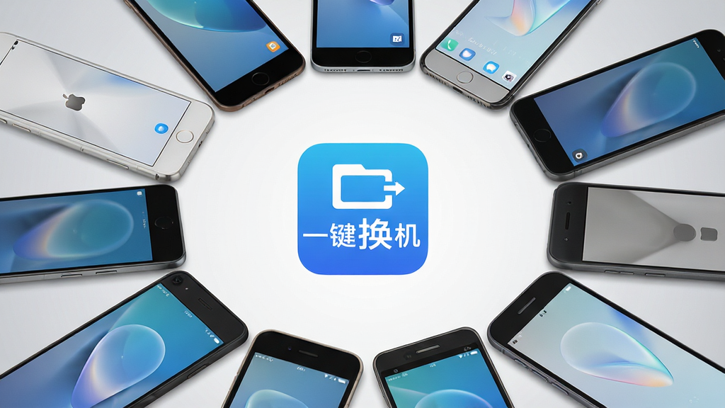 多部不同品牌手机围成一圈,中心位置显示“一键换机”图标,手机屏幕各自亮起,背景为浅灰色渐变,风格简洁商务,画面干净无杂乱元素,高清画质