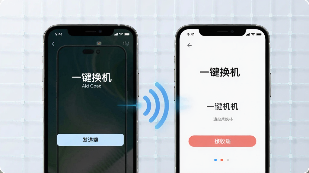 两部手机并排摆放,屏幕分别显示“一键换机”的发送端和接收端界面,中间有无线信号波纹连接,背景为科技感浅色网格,风格现代简约,画面干净,高清画质
