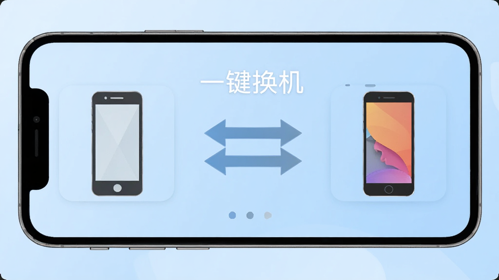 一部智能手机屏幕中央显示“一键换机”软件界面,界面左侧是旧手机图标,右侧是新手机图标,中间用双向箭头连接,背景为浅蓝色渐变,整体风格简洁清爽,扁平化设计,画面干净无多余元素,高清画质