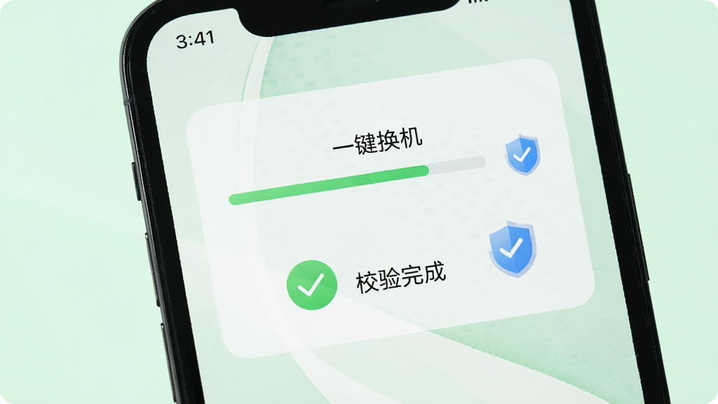 手机屏幕显示“一键换机”传输进度条和“校验完成”提示,旁边有对勾图标和盾牌安全图标,背景为浅绿色调,风格清新简洁,画面干净,高清画质