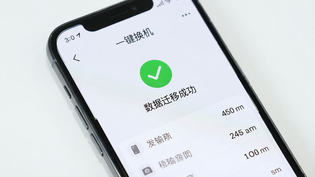 手机屏幕显示“一键换机”传输完成页面,有绿色对勾和“数据迁移成功”字样,下方列出已传输的数据类型和数量,背景为浅色,风格简洁明快,画面干净,高清画质