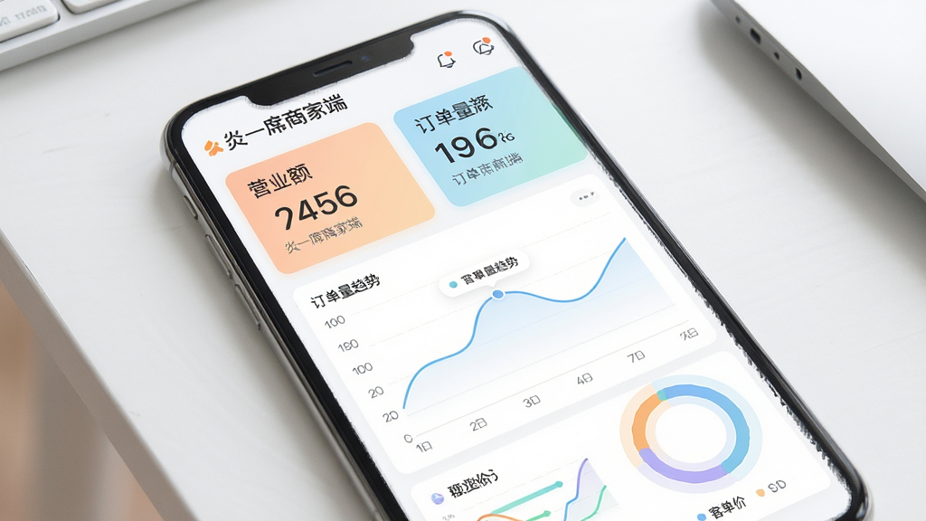 画面主体为“炎一席商家端”的数据统计界面,包含营业额数字卡片、订单量趋势折线图与客单价环形图;布局为图表上下排列于手机屏幕内,手机置于简洁桌面;排版突出数据可视化元素;风格为现代数据看板风格,色调清新;细节上图表线条流畅、数字醒目、配色柔和;画质高清、干净、无多余元素