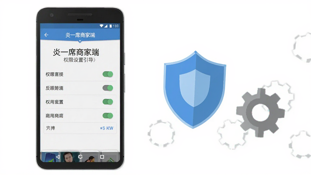 画面主体为一部安卓手机显示“炎一席商家端”的权限设置引导页面,旁边配有盾牌图标与齿轮图标作为视觉辅助;布局为手机与图标左右分布;排版简洁明了;风格为扁平化信息提示风格;细节上权限开关与文字说明清晰可辨;画质高清、干净、无多余元素