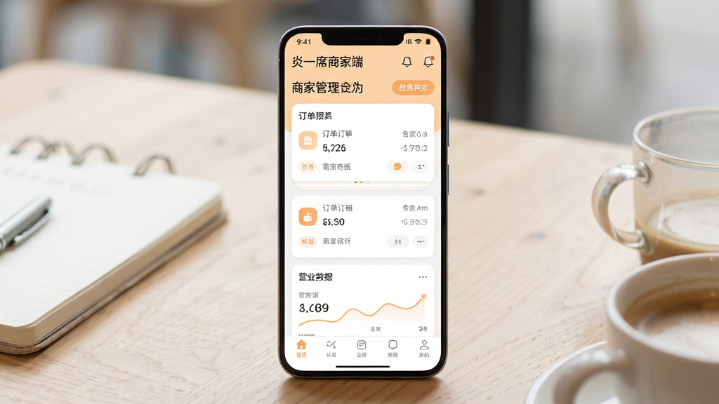 画面主体是一部竖屏安卓手机,屏幕中显示“炎一席商家端”的商家管理后台首页界面,包含订单列表卡片、营业数据统计模块和底部导航栏;布局为手机居中放置于浅色木质桌面,周围点缀记事本与咖啡杯;排版突出手机屏幕内容,背景简洁虚化;风格为清爽现代的UI展示风格,色调以暖白与浅橙为主;细节上屏幕界面文字清晰、图标圆润、数据卡片层次分明;画质高清、干净、无多余元素