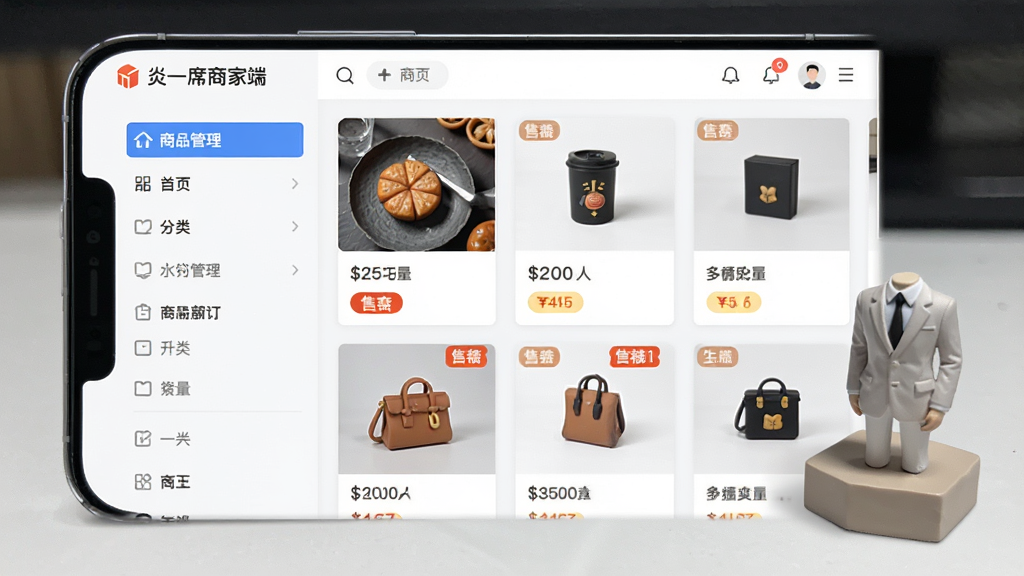 画面主体为“炎一席商家端”的商品管理页面,左侧为分类导航,右侧为商品卡片列表,部分卡片带有售罄标识;布局为手机界面平铺展示,旁边放置小型商品模型作为点缀;排版以界面内容为主;风格为简洁商务的移动应用展示风格;细节上商品图片与价格文字清晰,状态标签颜色分明;画质高清、干净、无多余元素