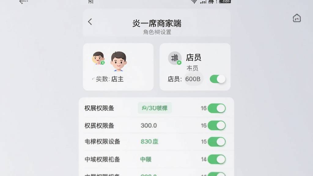 画面主体为“炎一席商家端”的角色权限设置界面,展示店主与店员两个角色卡片及对应权限开关列表;布局为手机界面居中,背景为浅灰渐变;排版层次清晰;风格为简约工具类应用风格;细节上权限开关状态明确、角色图标简洁;画质高清、干净、无多余元素