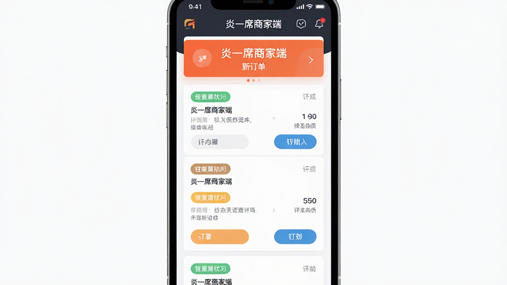屏幕中央展示“炎一席商家端”的订单管理界面,多张订单卡片按状态纵向排列,顶部有醒目的新订单提醒横幅;布局为界面占据画面主要区域,四周留白;排版清晰有序;风格为扁平化移动端UI设计风格;细节上卡片带有状态标签与操作按钮,色彩区分明显;画质高清、干净、无多余元素