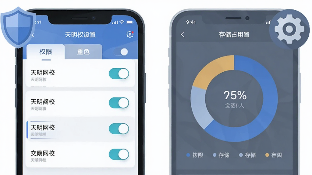 主体为手机屏幕展示应用权限设置页面与存储空间管理界面,旁边配有盾牌图标与齿轮图标;布局为左右分栏,左侧权限开关列表,右侧存储占用环形图;排版清晰,重点开关用高亮色标出;风格为科技感扁平插画,色调以蓝灰为主;细节上界面中可见