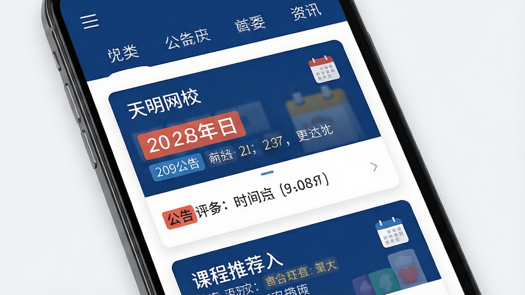 主体为手机屏幕展示考试资讯列表页面,顶部为分类标签栏,中部为公告卡片与时间节点提示,底部为课程推荐入口;布局为纵向信息流排列,卡片间距均匀;排版规整,重点日期用色块突出;风格为简洁商务扁平风,色调以深蓝与白色为主;细节上卡片内可见