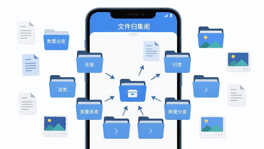 主体为一部安卓手机屏幕,屏幕上展示文件归集阁的整理界面,多个文件夹图标有序排列并汇聚到一个中心归档图标;布局为手机居中、四周漂浮文档与图片小图标;排版简洁对称;风格为扁平化科技蓝配色;细节包含文件夹标签、归档箭头、分类标签;画质清晰干净,无多余元素,画面中带有“文件归集阁”文字