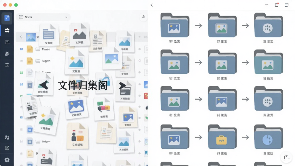 主体为文件归集阁软件界面,左侧是散乱的文件列表,右侧是分类整齐的文件夹网格;布局为左右对比式;排版清晰;风格为扁平化办公风;细节包含文档图标、图片图标、分类标签、归集箭头;画质干净清晰,画面中带有“文件归集阁”文字
