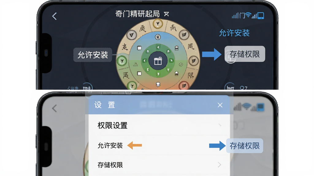 主体为手机屏幕显示奇门精研起局页面与设置菜单叠层,布局为上下分层展示,排版上排盘界面在上、权限设置面板在下,风格为扁平化教程示意风,细节包含「允许安装」「存储权限」文字标签、箭头指引,画质高清、干净、无多余元素