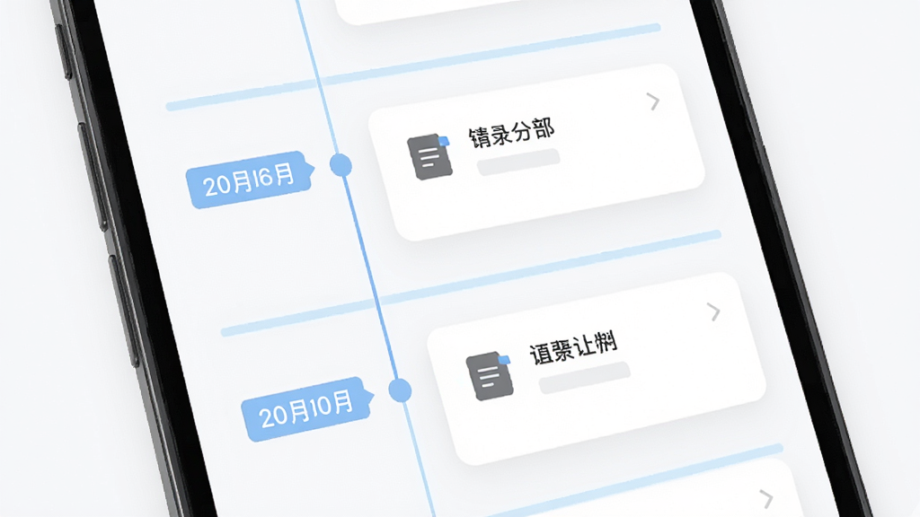 主体为手机屏幕显示时间线式学习记录列表,布局为竖向时间轴排列,排版上左侧时间节点、右侧记录卡片,风格为简约商务风,细节包含日期标签、笔记图标、淡蓝色分割线,画质高清、干净、无多余元素