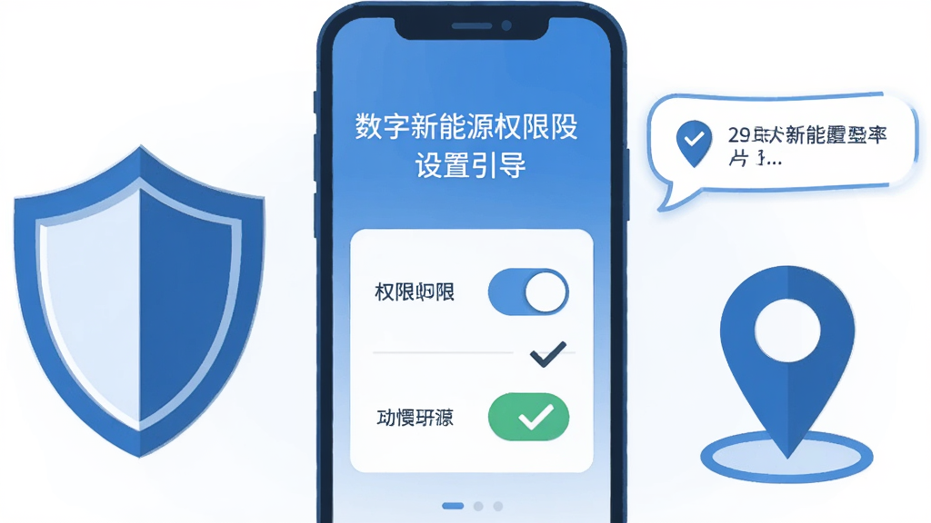 主体为手机屏幕展示数字新能源权限设置引导页面,旁边放置盾牌与定位图标;布局为手机居中,图标环绕两侧;排版简洁明了,重点突出权限开关;风格为扁平化安全提示插画风,蓝白配色;细节包含权限开关按钮、提示文字气泡、勾选标记;画质清晰,画面干净,无多余元素
