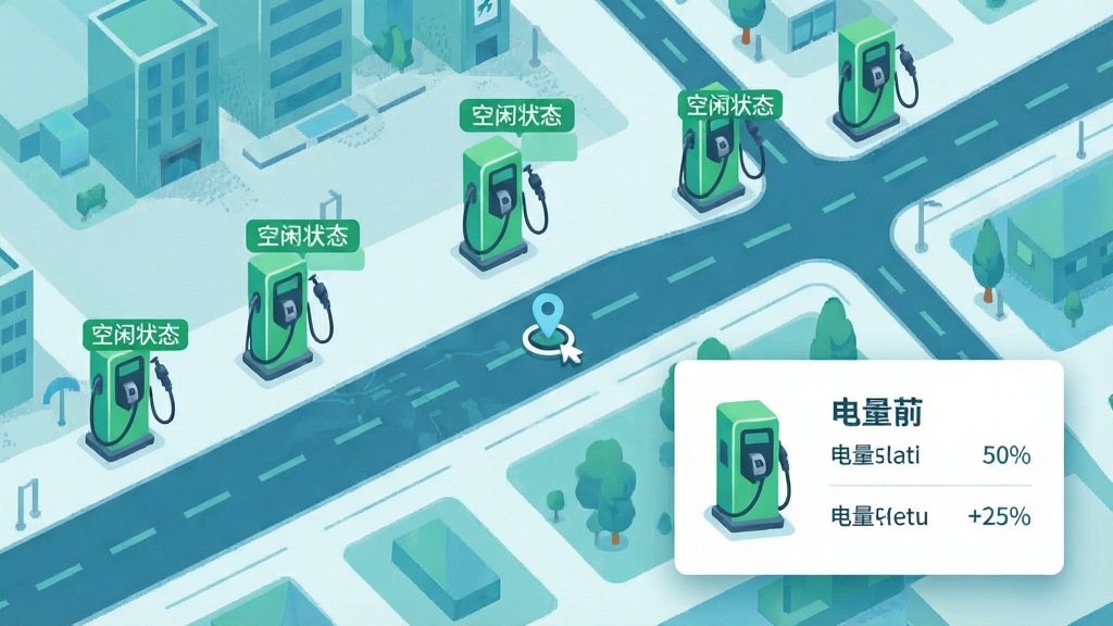 主体为城市街区俯视地图,地图上分布多个绿色充电桩图标并带有空闲状态标签;布局为地图铺满画面,右下角悬浮一张充电桩详情信息卡片;排版层次分明,信息卡片突出;风格为清新科技插画风,蓝绿色调;细节包含道路线条、定位光标、电量百分比数字;画质清晰,画面干净,无多余元素
