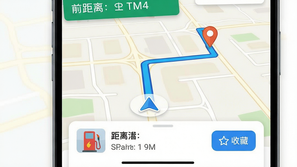 主体为手机导航界面,显示前往加油站的路线规划,路径以蓝色高亮线条标注;布局为地图占据主要画面,底部弹出加油站信息面板;排版清晰直观,导航信息突出;风格为现代地图应用插画风,浅色底图;细节包含起点终点标记、距离时间提示、收藏按钮;画质清晰,画面干净,无多余元素