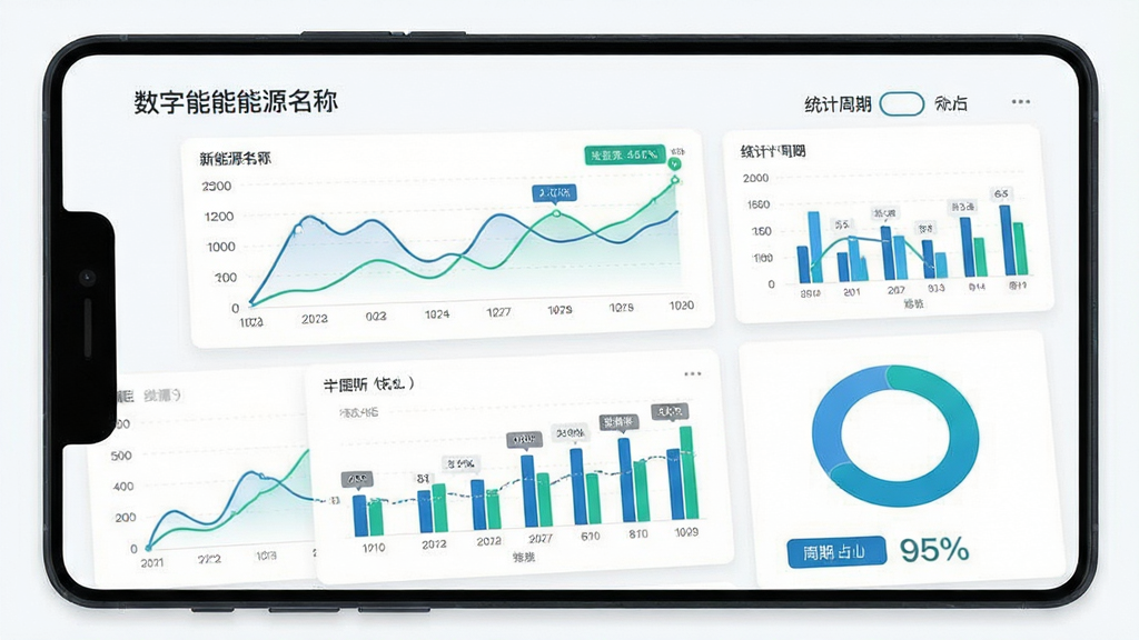 主体为手机屏幕中的能源数据看板界面,包含折线图、柱状图与环形占比图;布局为看板卡片纵向排列,顶部显示数字新能源名称;排版整齐规范,图表区域清晰;风格为商务简约扁平风,白底配蓝绿点缀;细节包含坐标轴刻度、数据标签、统计周期切换按钮;画质高清,画面干净,无多余元素