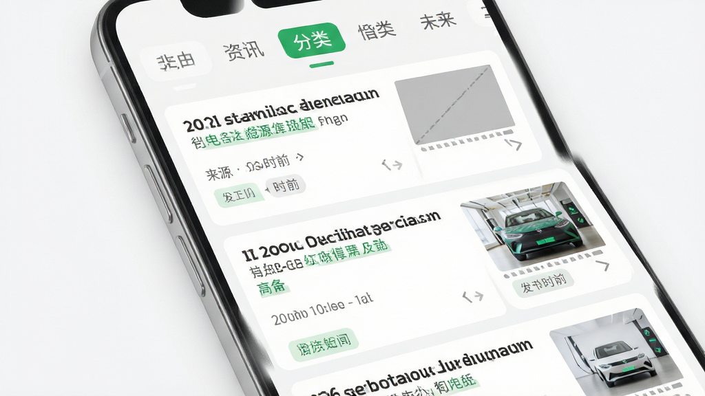 主体为手机资讯列表页面,卡片式排列多条新能源行业新闻标题与缩略图;布局为纵向信息流,顶部有分类标签栏;排版清爽规整,阅读体验舒适;风格为轻资讯扁平风,白底灰字配绿色强调色;细节包含发布时间、来源标签、缩略图占位;画质高清,画面干净,无多余元素