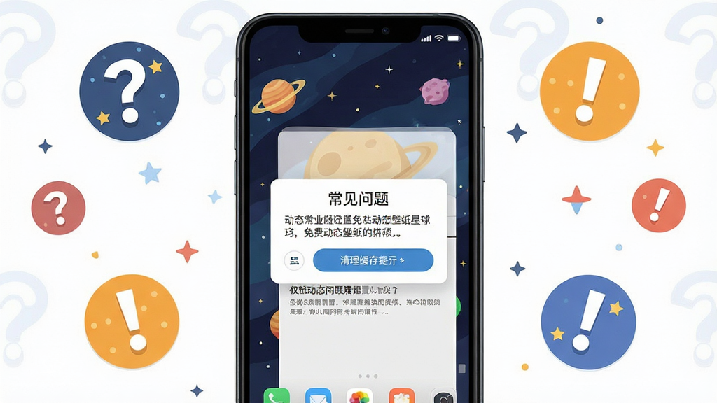 主体为手机屏幕展示动态壁纸设置成功后的桌面效果与常见问题提示弹窗,布局为手机居中、周围环绕问号与感叹号图标示意问题解决,排版直观易懂,风格为扁平化插画风格,细节包括星球壁纸桌面、权限设置界面、清理缓存按钮,画质高清干净无多余元素,画面中可呈现