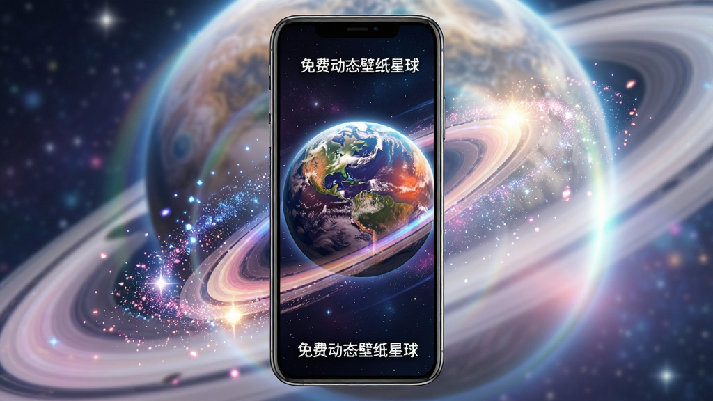 主体为一部智能手机屏幕显示绚丽的星球动态壁纸画面,布局为手机居中展示、周围环绕星空粒子与光晕装饰,排版简洁大气,风格为科技感数字艺术风格,细节包括星球纹理清晰、色彩渐变自然、壁纸动态感强烈,画质高清干净无多余元素,画面中可呈现