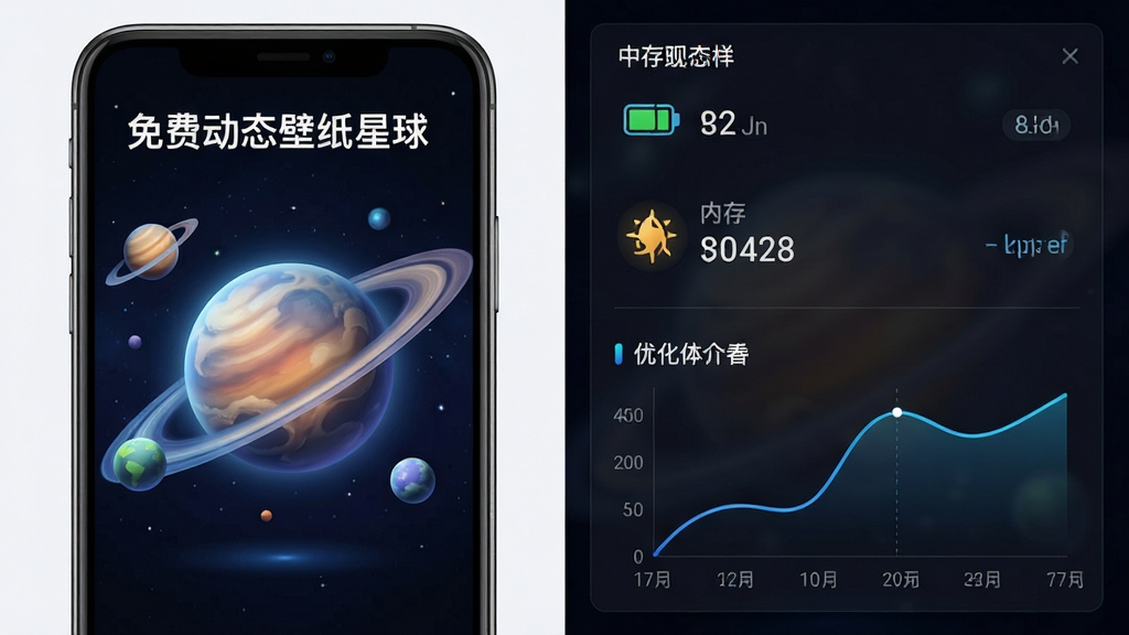 主体为手机运行动态壁纸时的性能监控示意图,布局为手机屏幕与性能数据面板并列展示,排版左右对比清晰,风格为科技数据可视化风格,细节包括流畅的星球动画、电量与内存指标图标、优化曲线示意,画质高清干净无多余元素,画面中可呈现