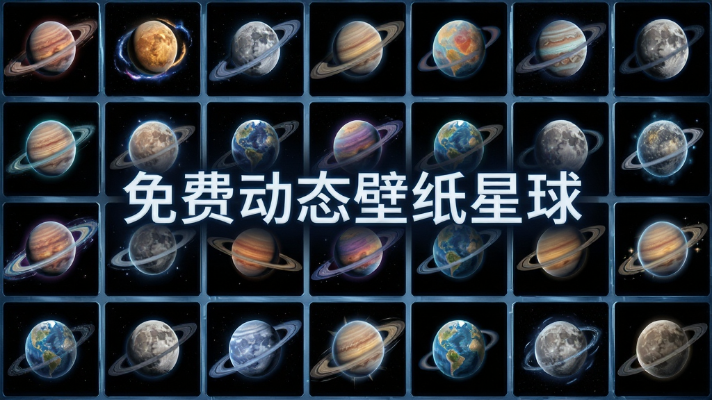 主体为一面由多款星球动态壁纸组成的展示墙,布局为网格状排列、每格展示不同星球壁纸缩略图,排版整齐有序,风格为科技感信息展示风格,细节包括每张壁纸色彩鲜明、星球形态各异、动态光效点缀,画质高清干净无多余元素,画面中可呈现