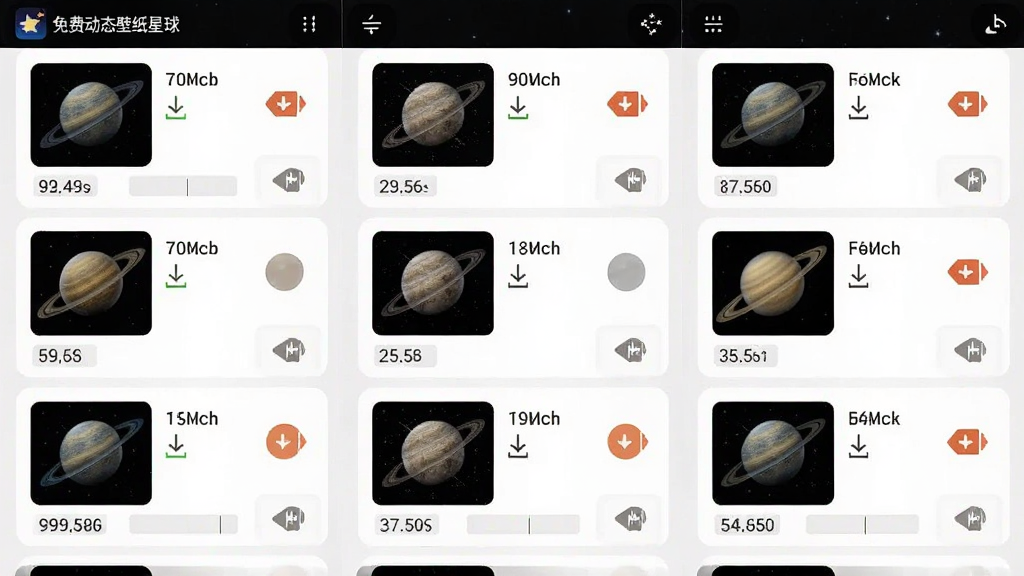 主体为手机本地壁纸管理界面展示已下载的星球壁纸列表,布局为列表式排列、每项显示缩略图与文件大小,排版整洁明了,风格为简约卡片式设计风格,细节包括下载状态标识、删除按钮、存储空间统计条,画质高清干净无多余元素,画面中可呈现