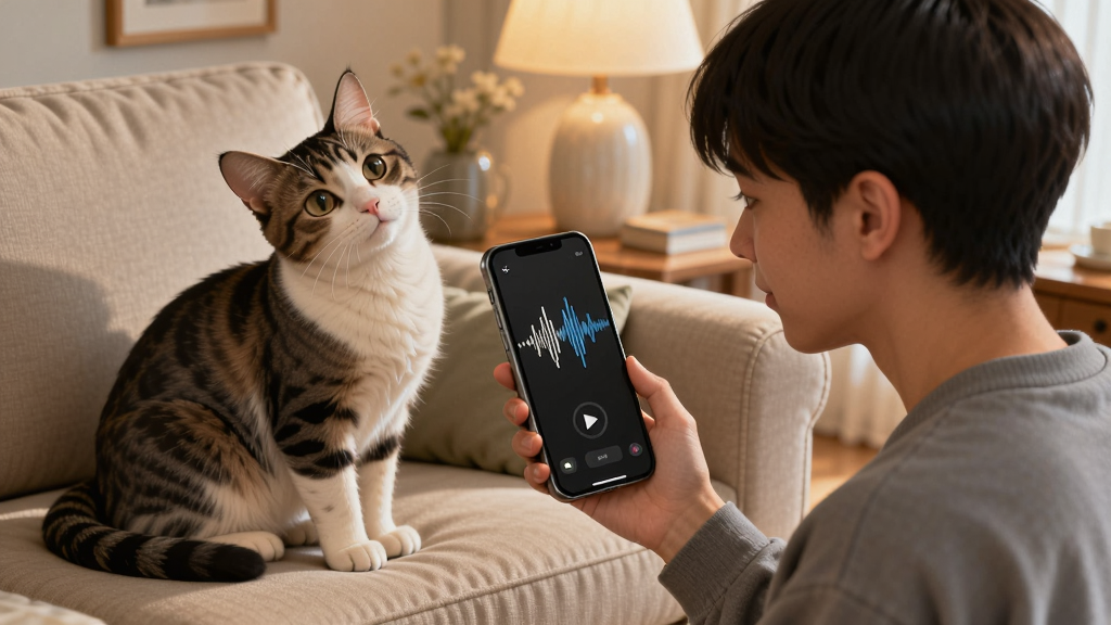 猫狗声音翻译器互动场景图,画面中一位年轻主人拿着手机对着沙发上的猫咪播放音效,猫咪歪头好奇聆听,手机屏幕显示声波发射动画,居家温馨氛围,柔和光线,写实插画风格,构图自然,画质细腻干净